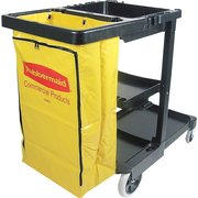 Rubbermaid Commercial Janitor Cart, Vinyl Bag, 3 Shelves, 21-3/4"x46"x38-3/8", BK/YW RCP617388
